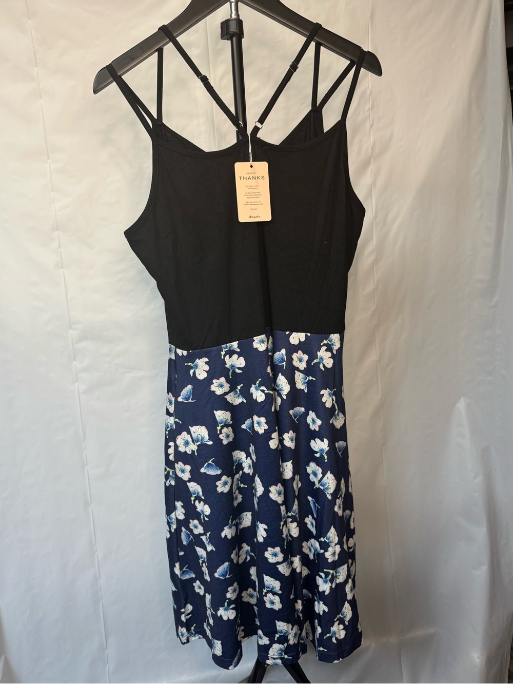 Floral Navy Midi Dress with Black Strappy Bodice